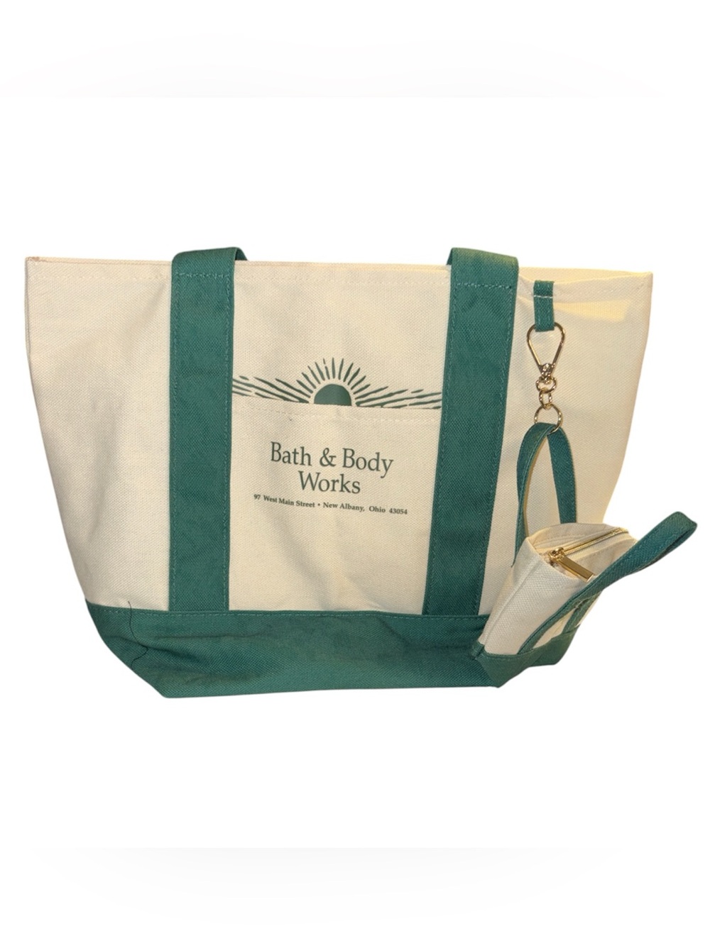 Bath & Body Works Cream and Teal Canvas Tote with Attached Pouch front pocket